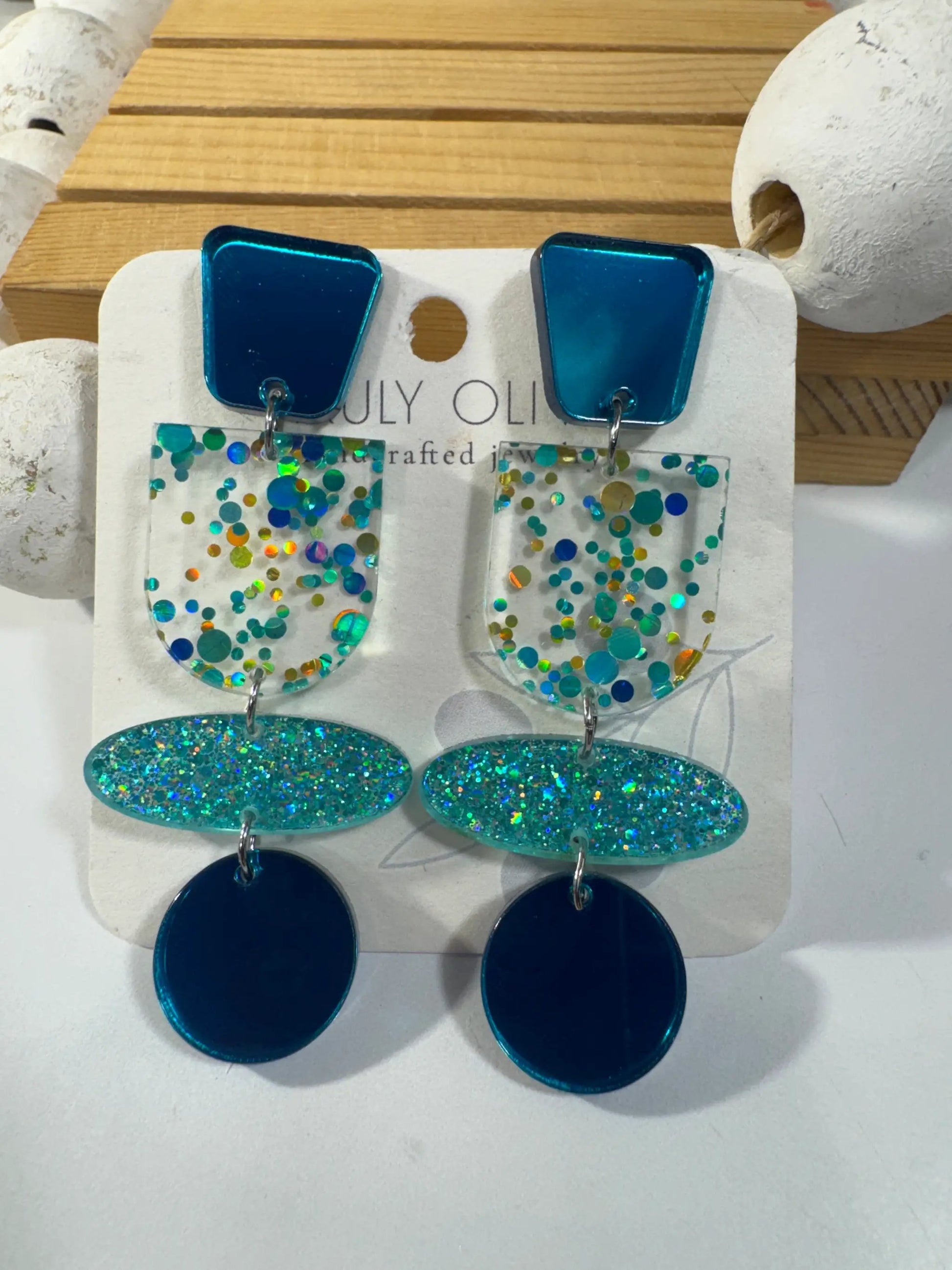 Truly Olive Teal Blue Glitter and Glass Dangle Earrings - Earrings Stud/Post Earrings