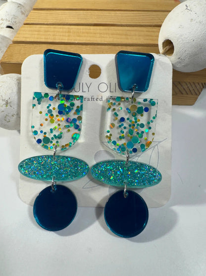 Truly Olive Teal Blue Glitter and Glass Dangle Earrings - Earrings Stud/Post Earrings