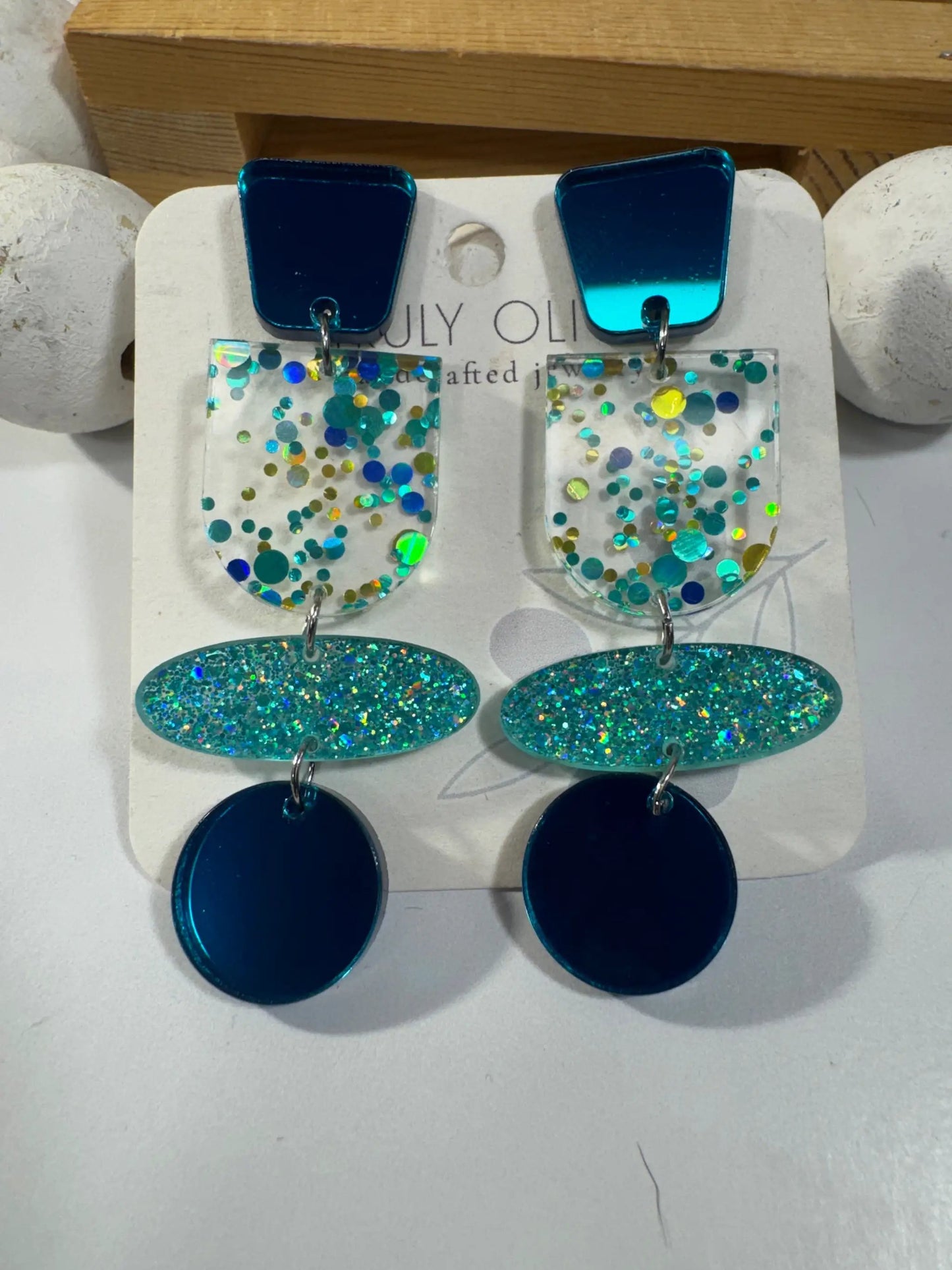 Truly Olive Teal Blue Glitter and Glass Dangle Earrings - Earrings Stud/Post Earrings