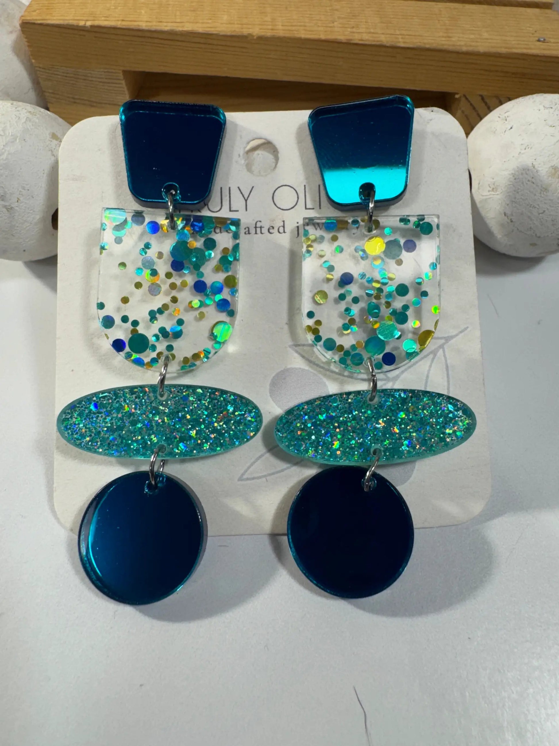 Truly Olive Teal Blue Glitter and Glass Dangle Earrings - Earrings Stud/Post Earrings