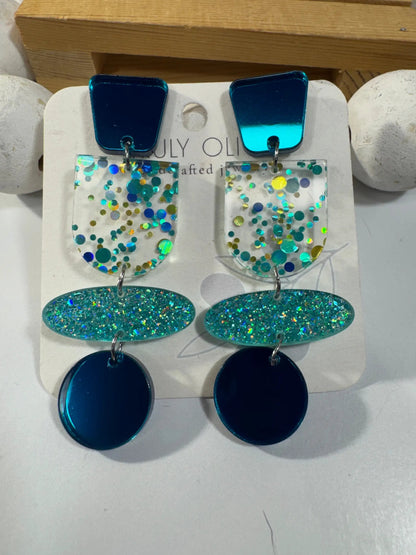 Truly Olive Teal Blue Glitter and Glass Dangle Earrings - Earrings Stud/Post Earrings