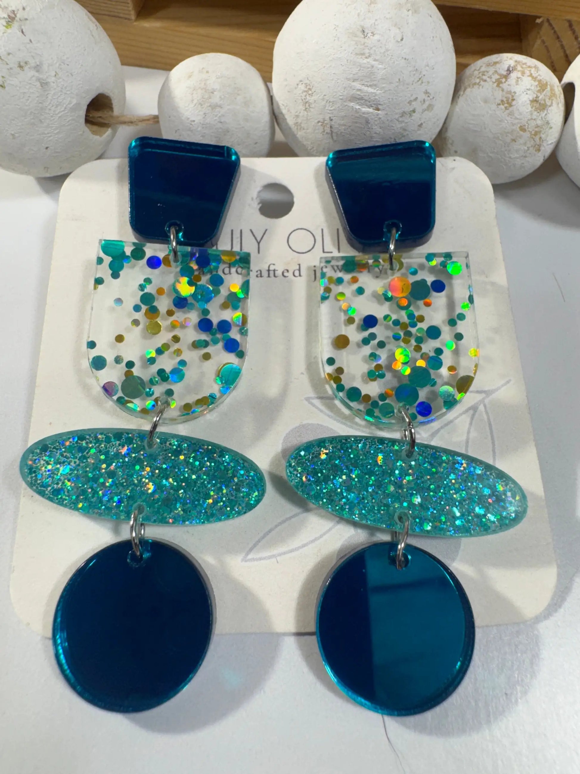 Truly Olive Teal Blue Glitter and Glass Dangle Earrings - Earrings Stud/Post Earrings