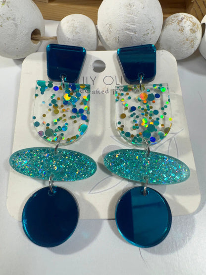 Truly Olive Teal Blue Glitter and Glass Dangle Earrings - Earrings Stud/Post Earrings