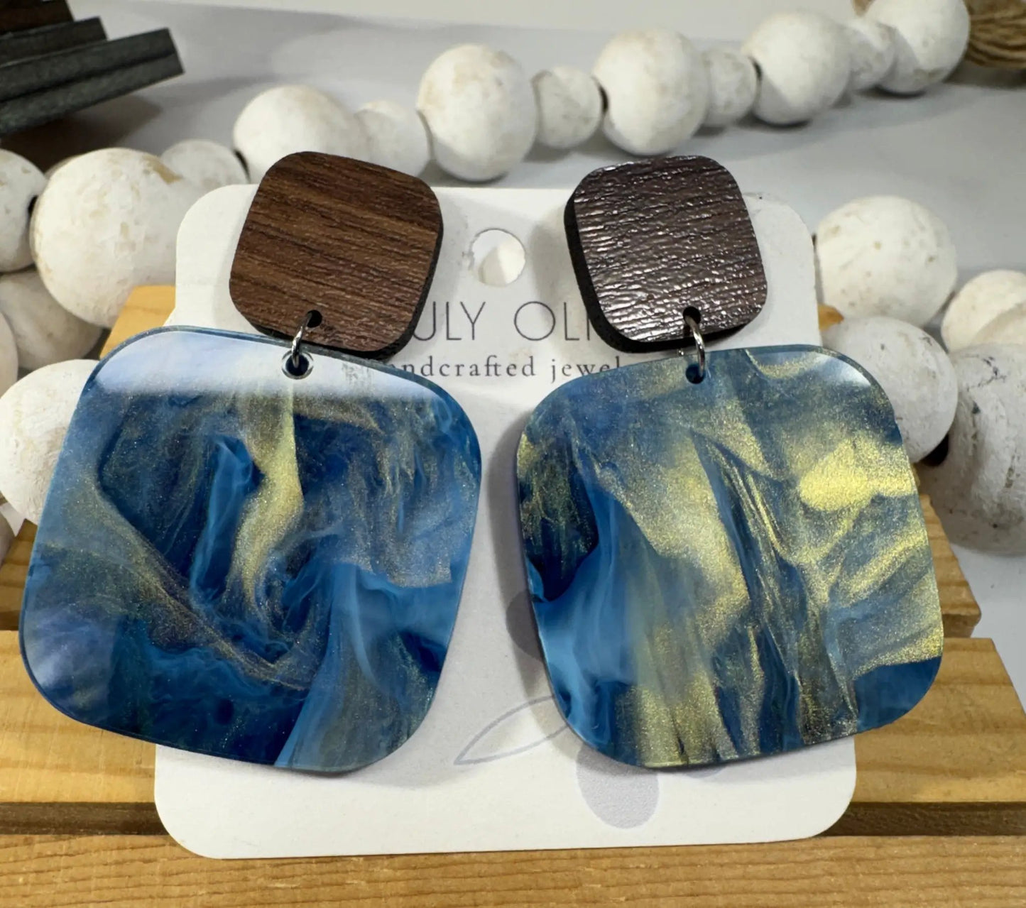 Truly Olive Blue Swirl and Walnut Wood Handcrafted Statement Earrings - Earrings Stud/Post Earrings