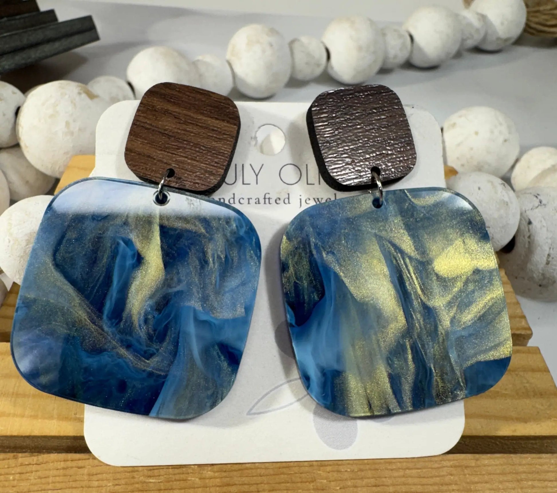 Truly Olive Blue Swirl and Walnut Wood Handcrafted Statement Earrings - Earrings Stud/Post Earrings
