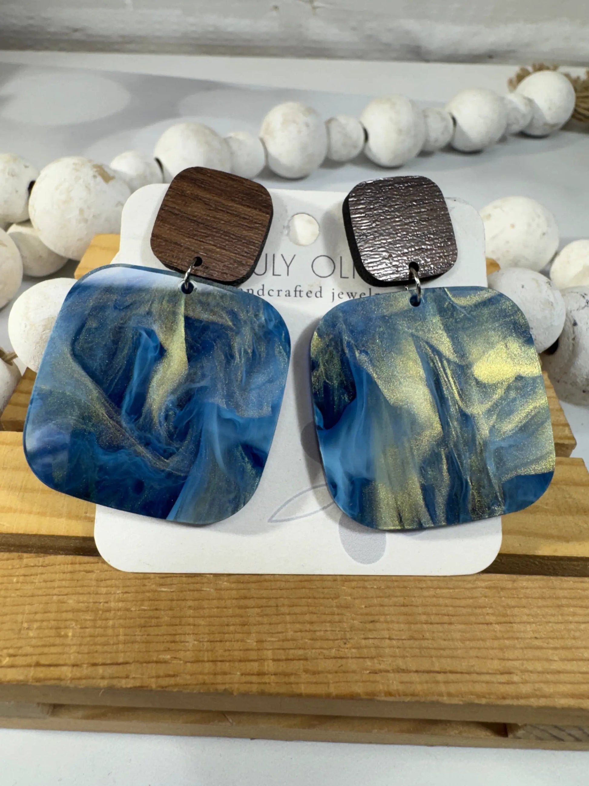 Truly Olive Blue Swirl and Walnut Wood Handcrafted Statement Earrings - Earrings Stud/Post Earrings