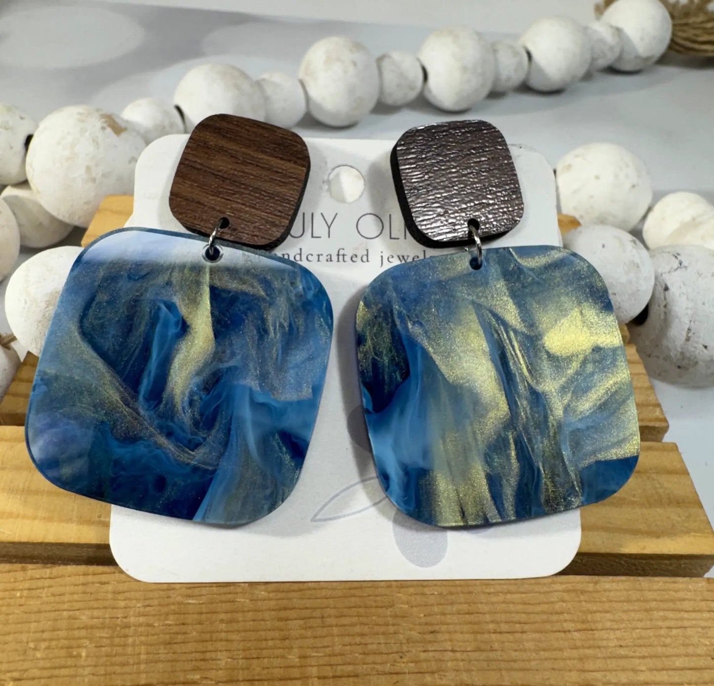 Truly Olive Blue Swirl and Walnut Wood Handcrafted Statement Earrings - Earrings Stud/Post Earrings