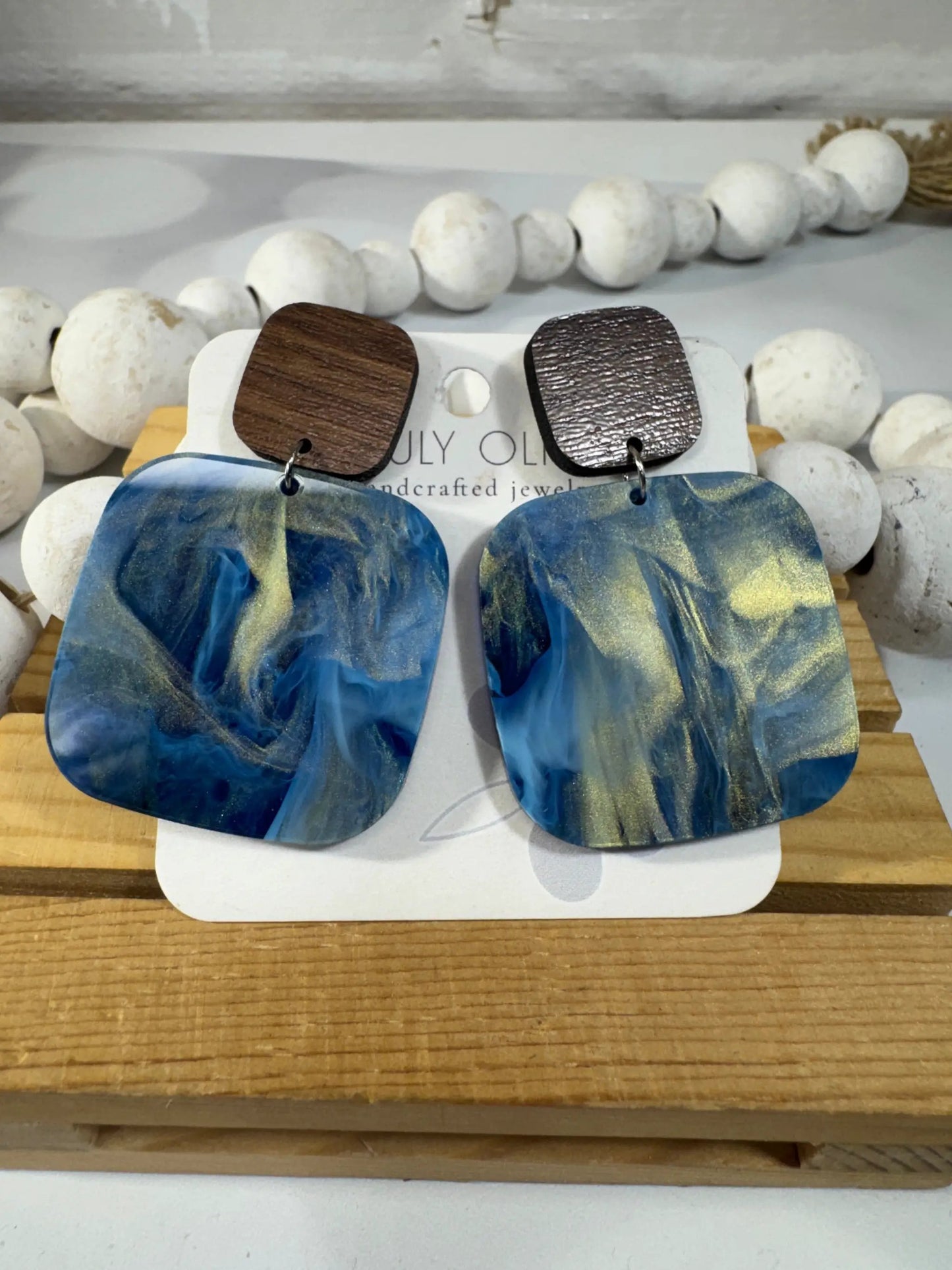 Truly Olive Blue Swirl and Walnut Wood Handcrafted Statement Earrings - Earrings Stud/Post Earrings
