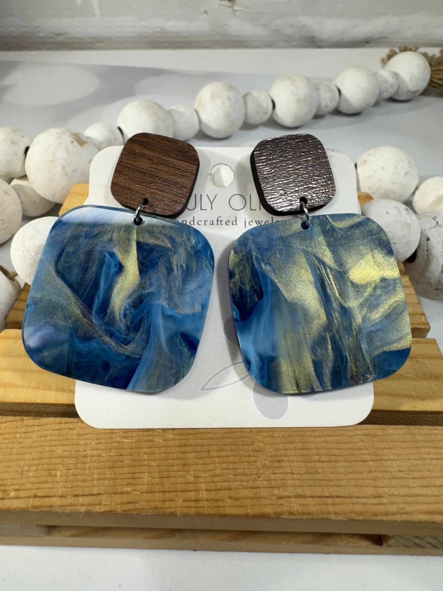 Truly Olive Blue Swirl and Walnut Wood Handcrafted Statement Earrings - Earrings Stud/Post Earrings