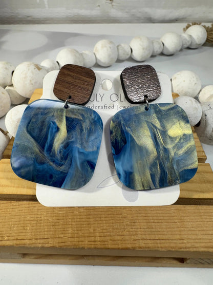 Truly Olive Blue Swirl and Walnut Wood Handcrafted Statement Earrings - Earrings Stud/Post Earrings