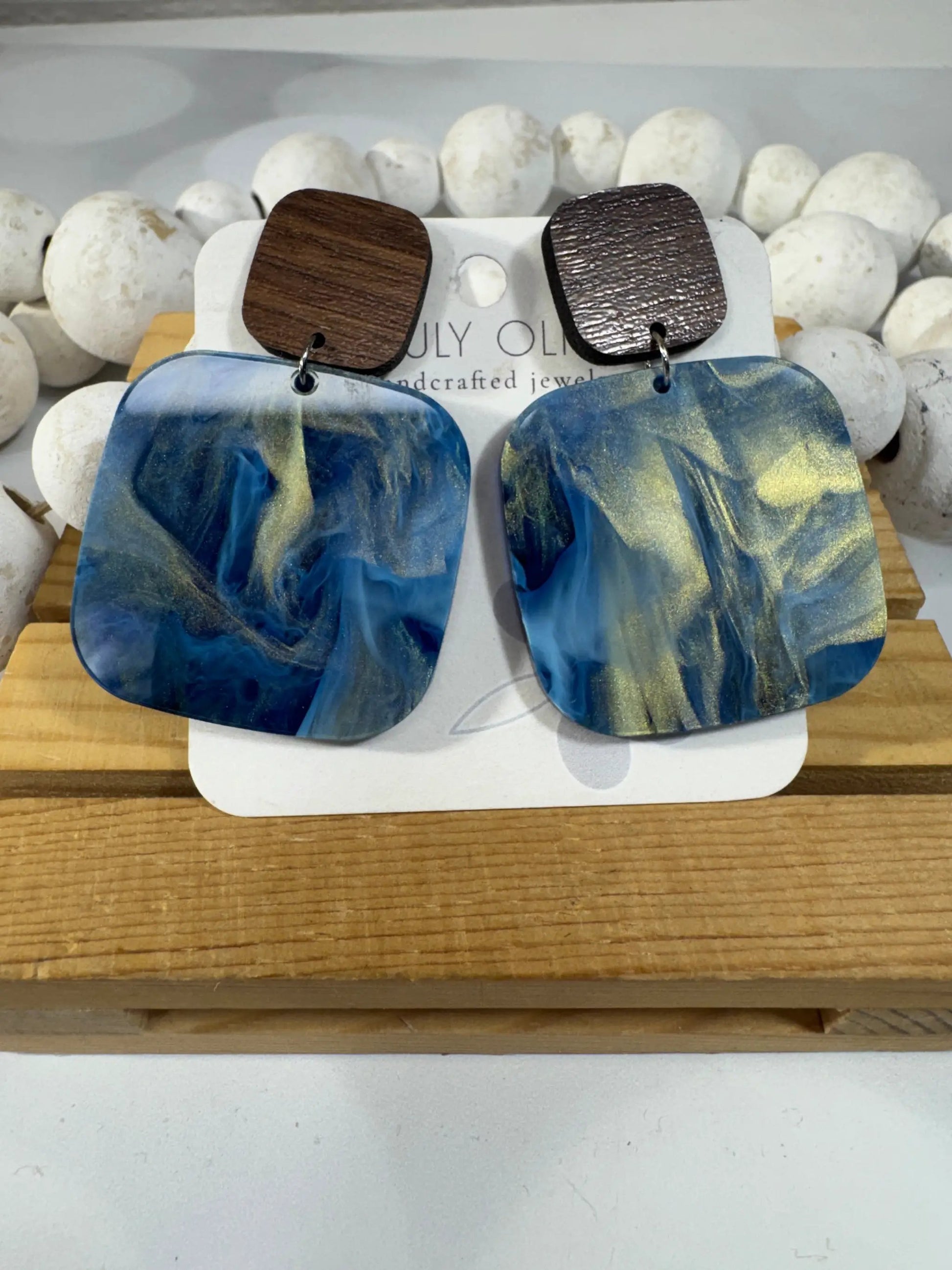 Truly Olive Blue Swirl and Walnut Wood Handcrafted Statement Earrings - Earrings Stud/Post Earrings