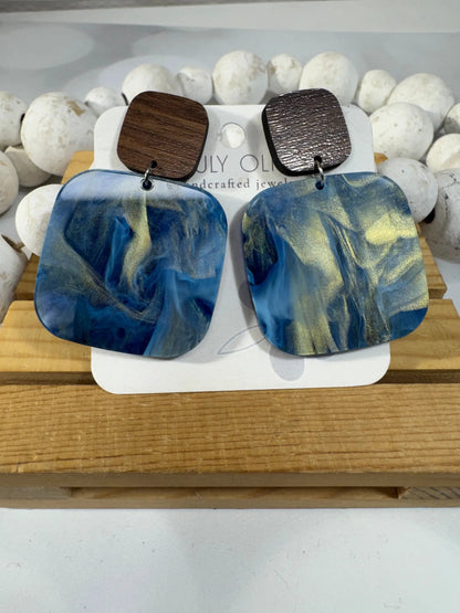Truly Olive Blue Swirl and Walnut Wood Handcrafted Statement Earrings - Earrings Stud/Post Earrings