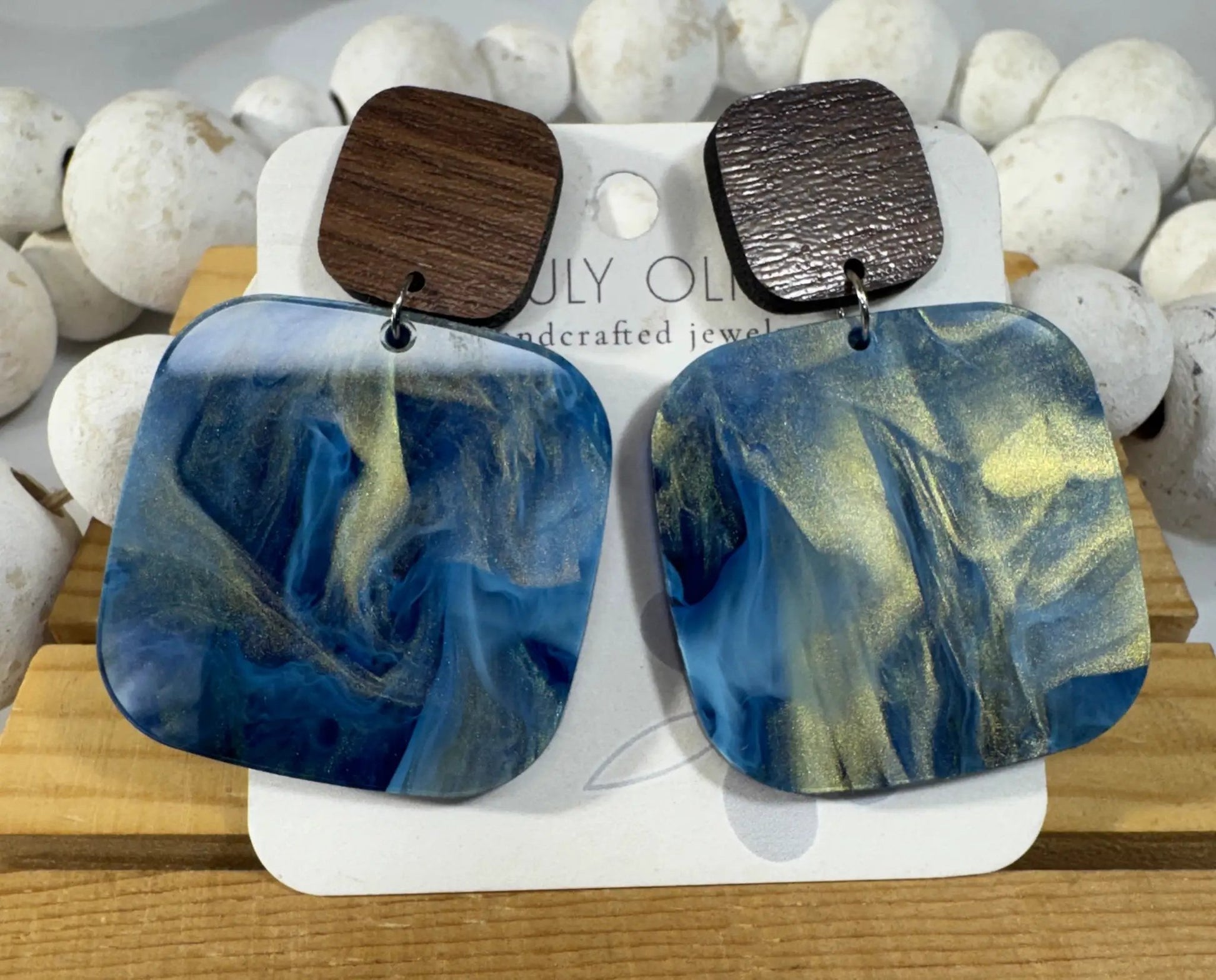 Truly Olive Blue Swirl and Walnut Wood Handcrafted Statement Earrings - Earrings Stud/Post Earrings