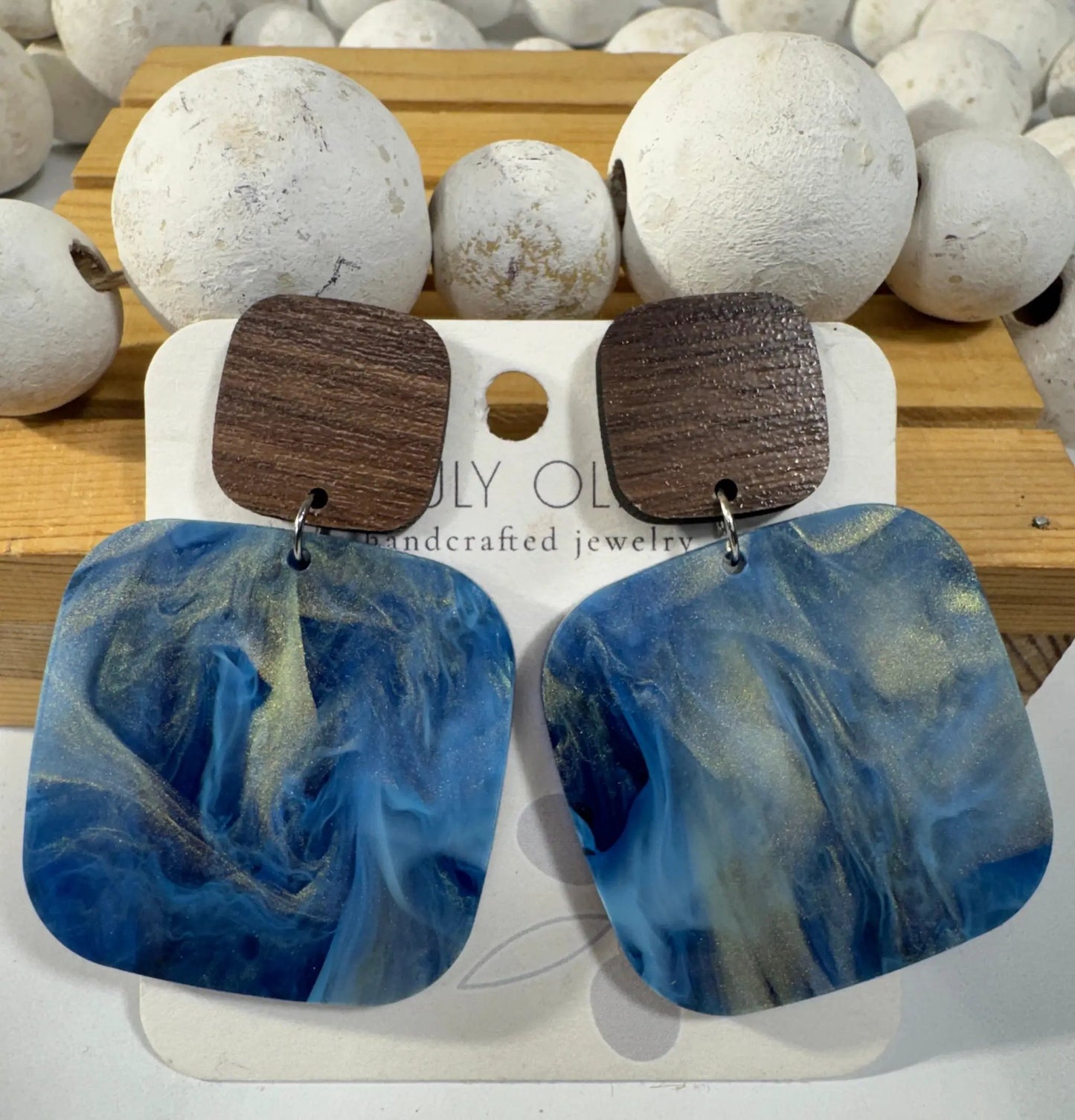 Truly Olive Blue Swirl and Walnut Wood Handcrafted Statement Earrings - Earrings Stud/Post Earrings