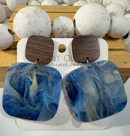Truly Olive Blue Swirl and Walnut Wood Handcrafted Statement Earrings - Earrings Stud/Post Earrings