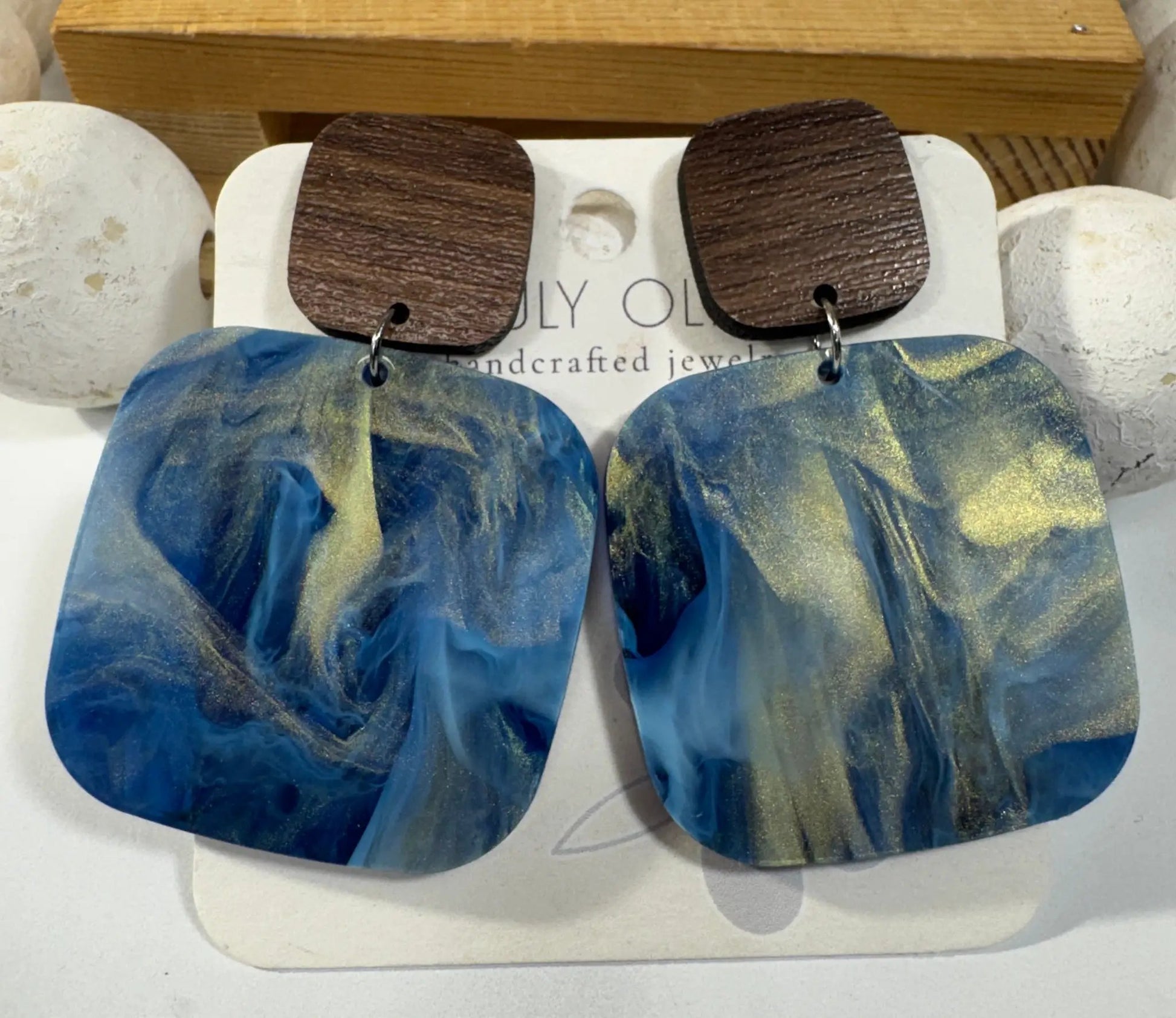 Truly Olive Blue Swirl and Walnut Wood Handcrafted Statement Earrings - Earrings Stud/Post Earrings