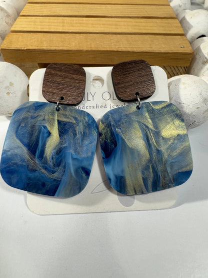 Truly Olive Blue Swirl and Walnut Wood Handcrafted Statement Earrings - Earrings Stud/Post Earrings