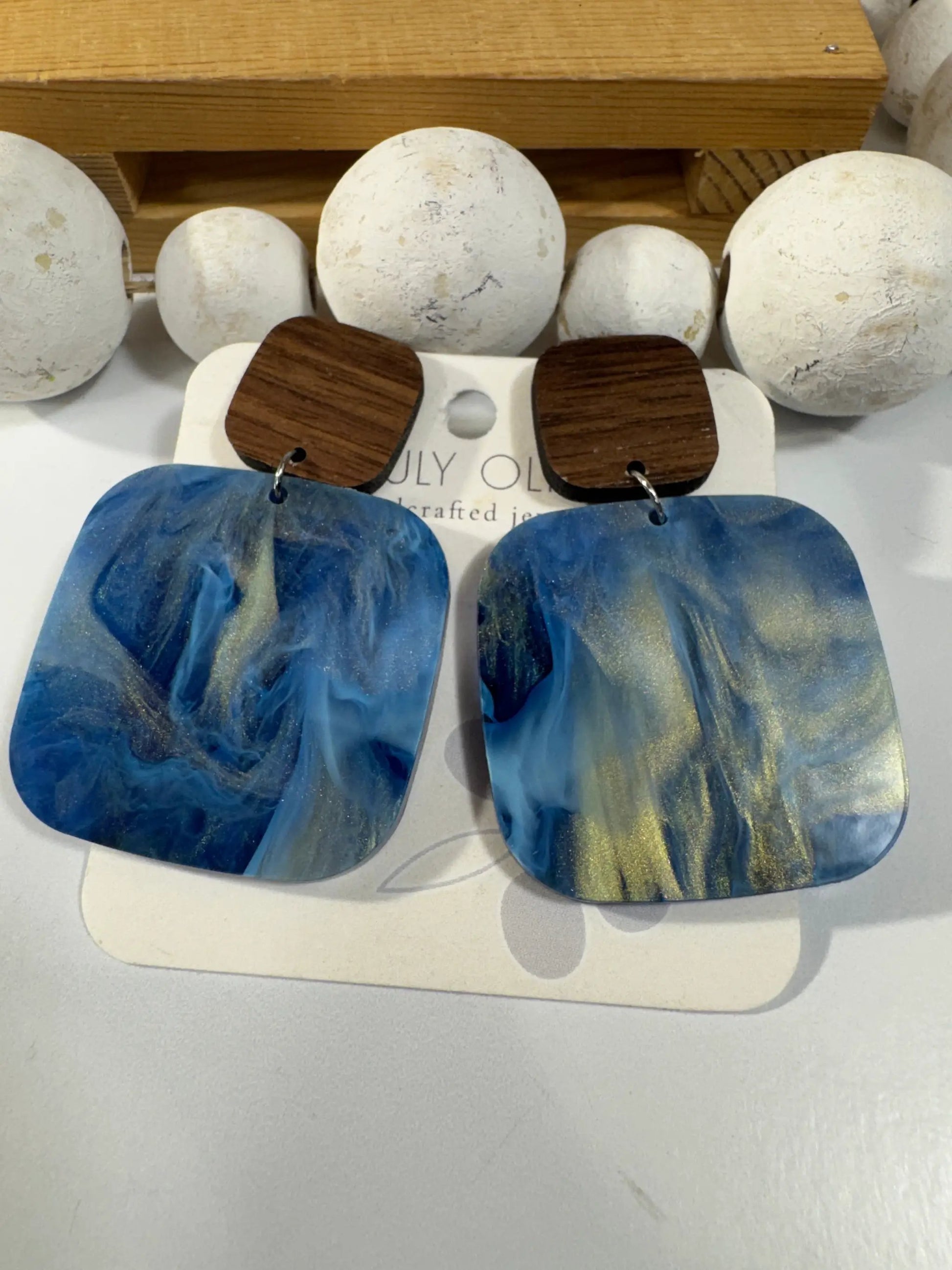 Truly Olive Blue Swirl and Walnut Wood Handcrafted Statement Earrings - Earrings Stud/Post Earrings