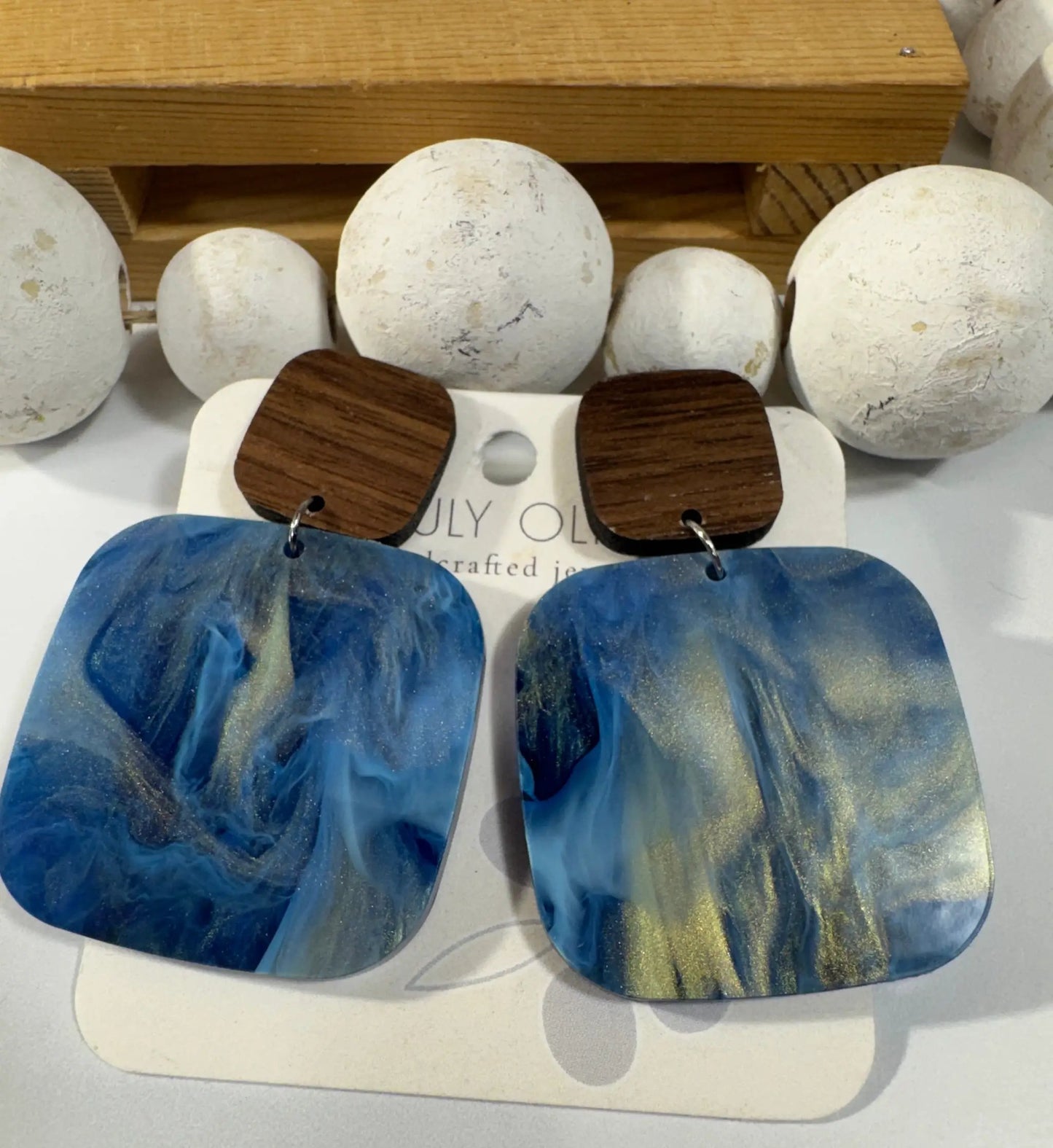Truly Olive Blue Swirl and Walnut Wood Handcrafted Statement Earrings - Earrings Stud/Post Earrings