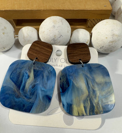 Truly Olive Blue Swirl and Walnut Wood Handcrafted Statement Earrings - Earrings Stud/Post Earrings