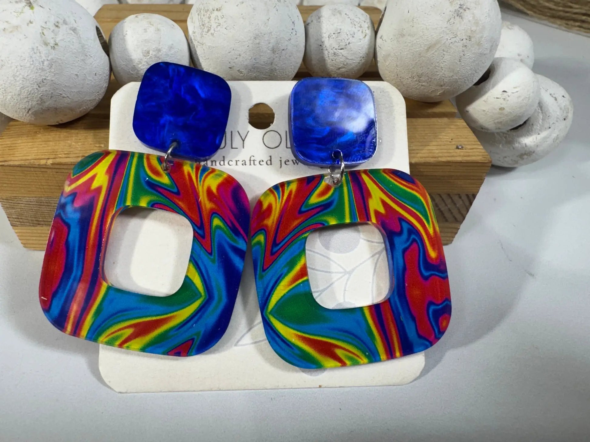 Truly Olive Blue Swirl Walnut Wood Statement Earrings - Earrings Stud/Post Earrings