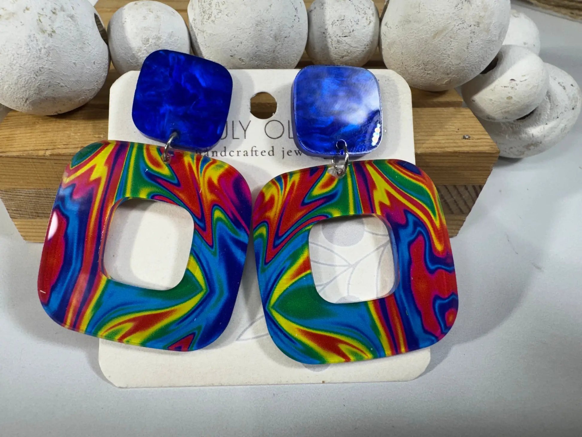 Truly Olive Blue Swirl Walnut Wood Statement Earrings - Earrings Stud/Post Earrings