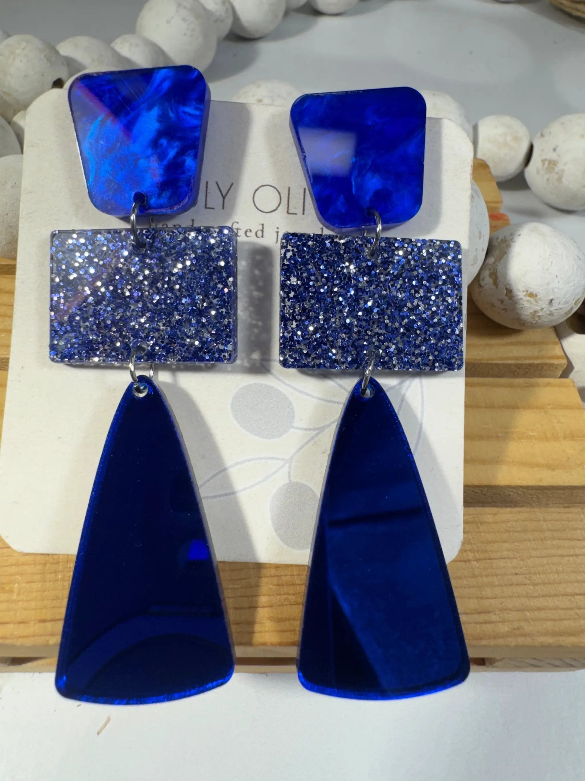 Truly Olive Royal Blue Glitter Glass Holiday Earrings - Earrings Stud/Post Earrings