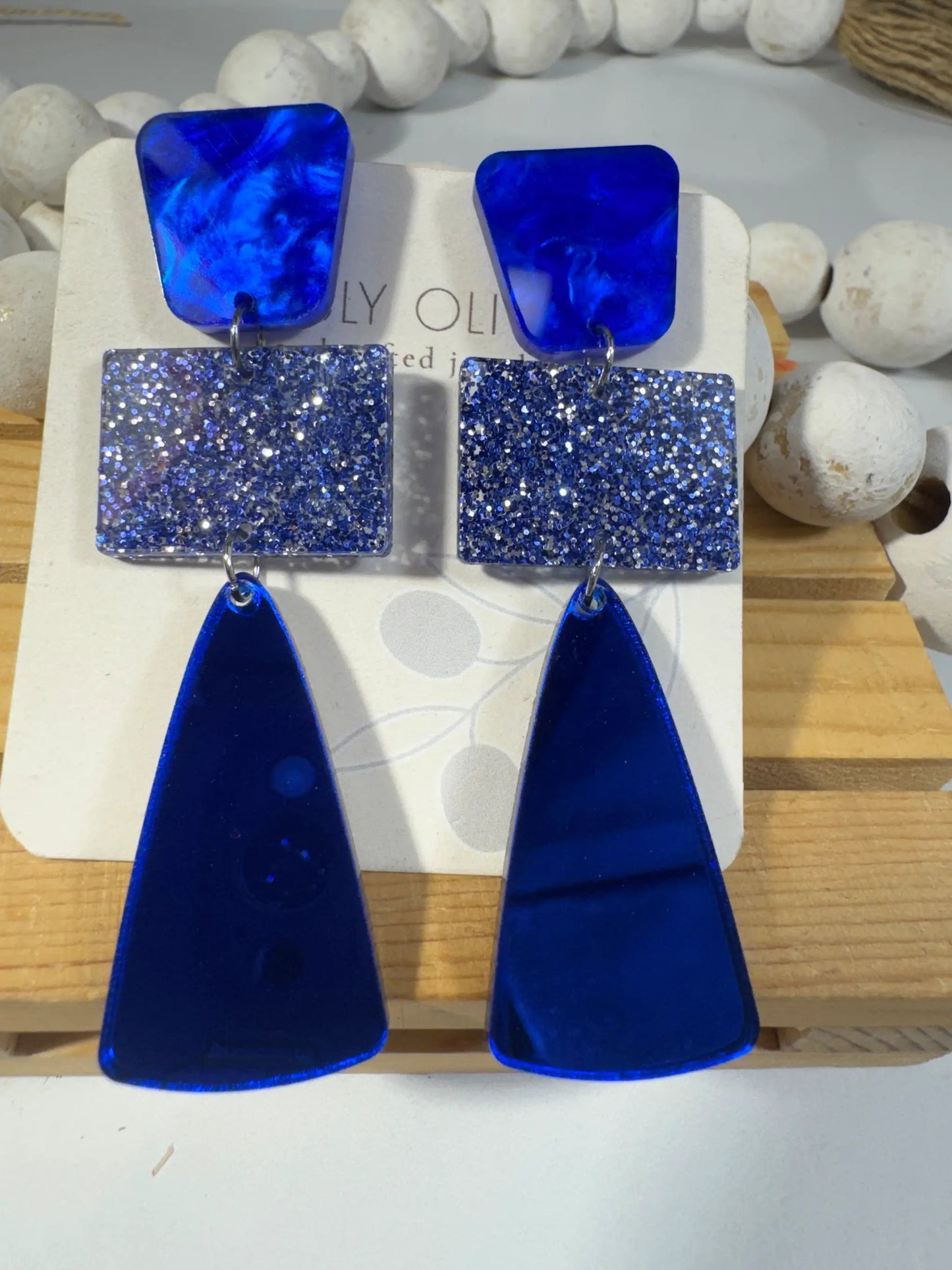 Truly Olive Royal Blue Glitter Glass Holiday Earrings - Earrings Stud/Post Earrings