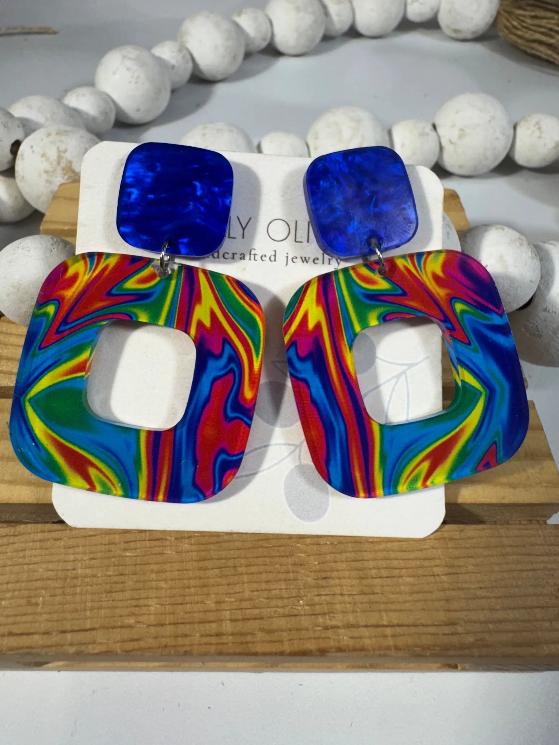 Truly Olive Blue Swirl Walnut Wood Statement Earrings - Earrings Stud/Post Earrings
