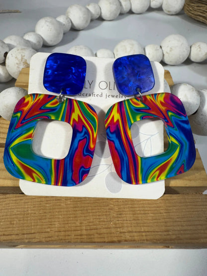 Truly Olive Blue Swirl Walnut Wood Statement Earrings - Earrings Stud/Post Earrings