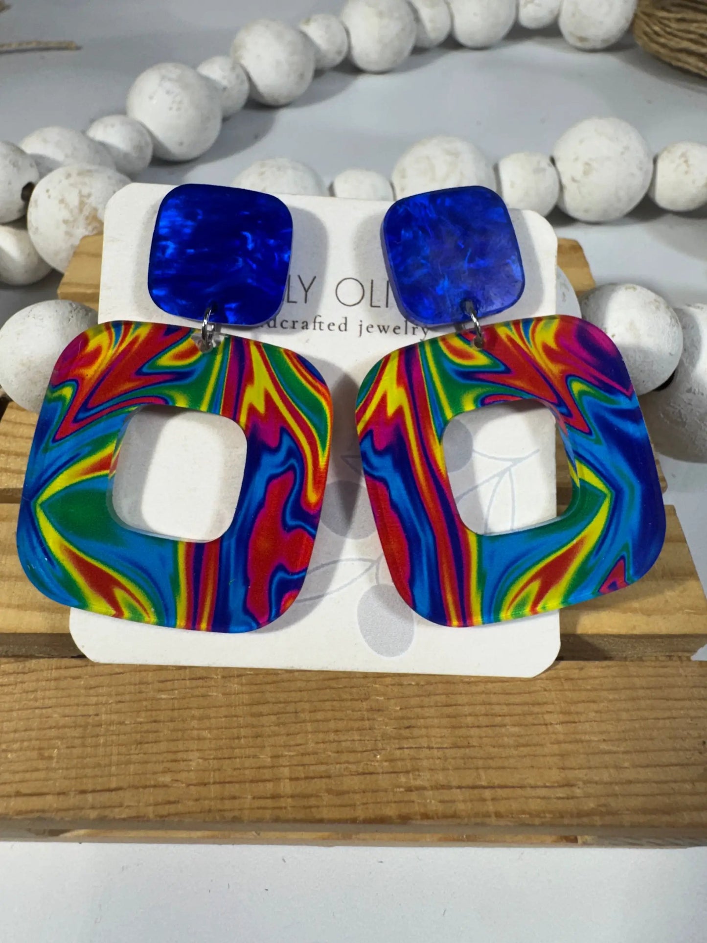 Truly Olive Blue Swirl Walnut Wood Statement Earrings - Earrings Stud/Post Earrings