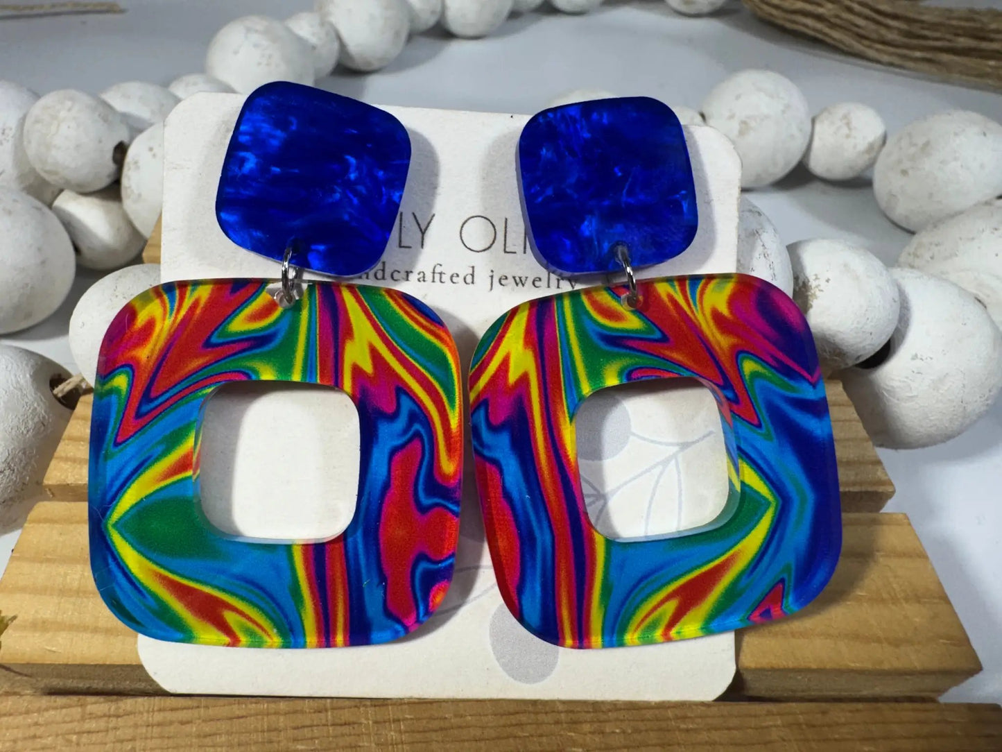 Truly Olive Blue Swirl Walnut Wood Statement Earrings - Earrings Stud/Post Earrings