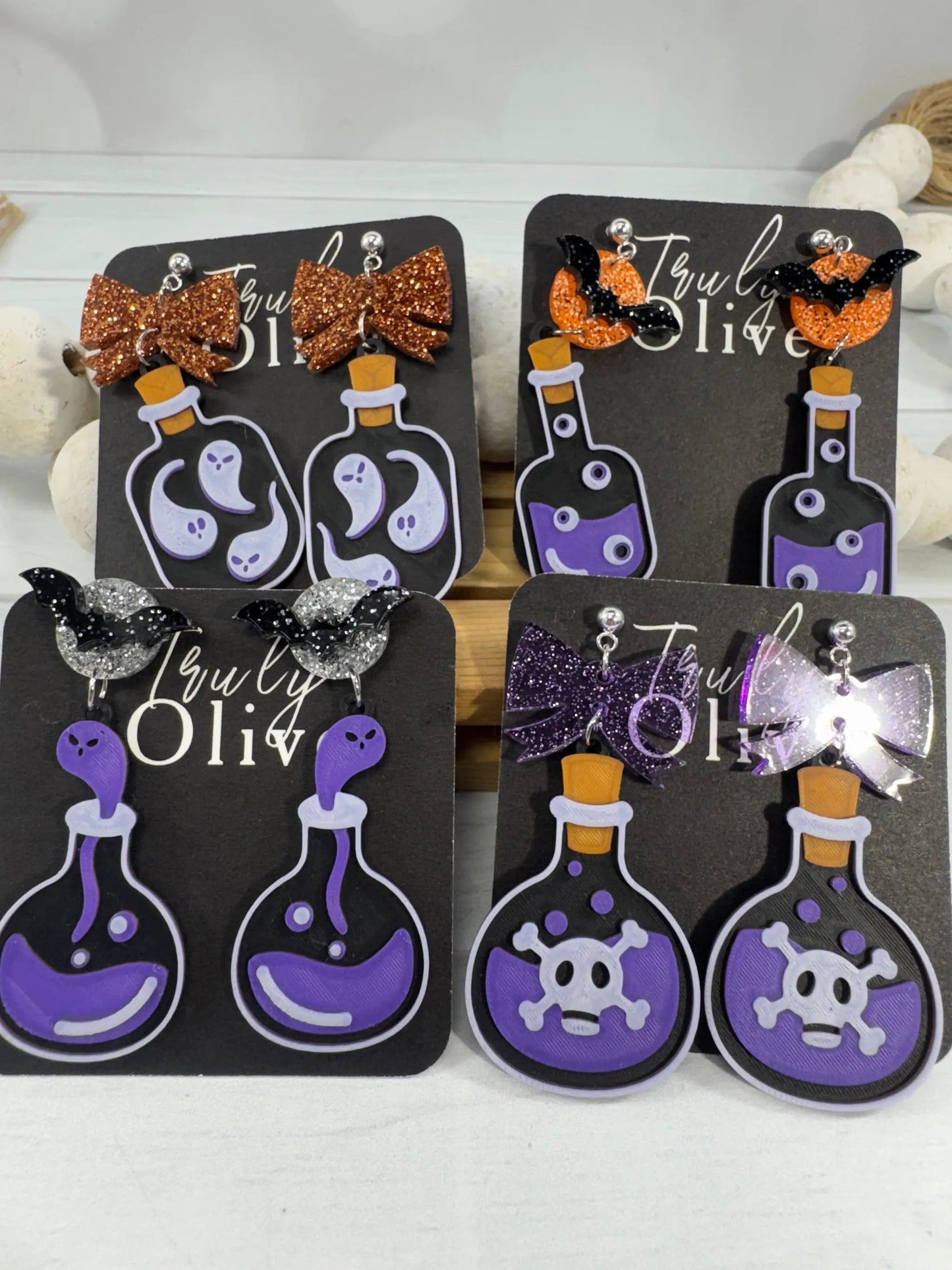 Truly Olive Poison Potion Bottle Halloween Earrings – Spooky Acrylic Dangle Earrings for Women - Earrings Stud/Post Earrings