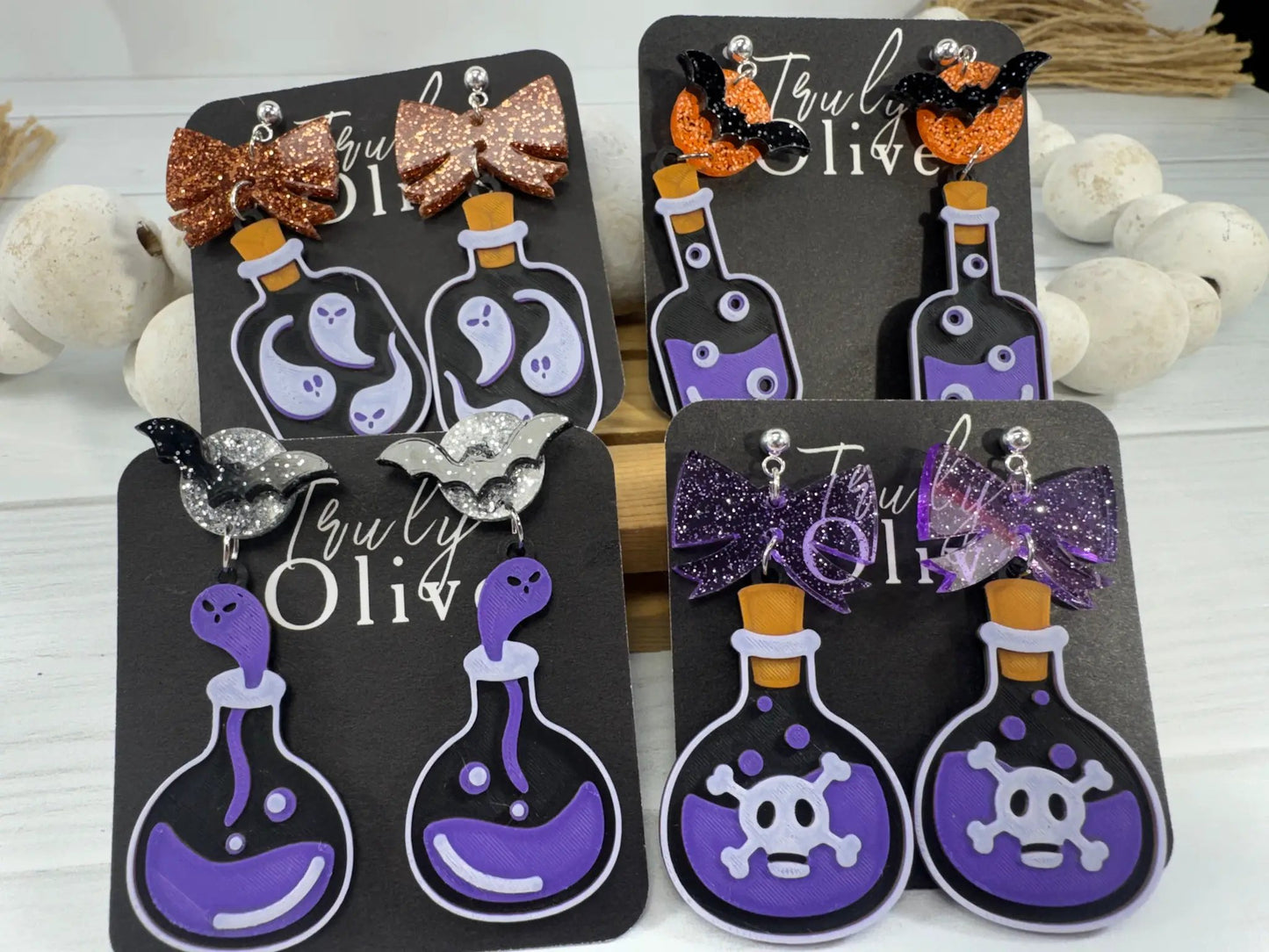 Truly Olive Poison Potion Bottle Halloween Earrings – Spooky Acrylic Dangle Earrings for Women - Earrings Stud/Post Earrings