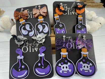 Truly Olive Poison Potion Bottle Halloween Earrings – Spooky Acrylic Dangle Earrings for Women - Earrings Stud/Post Earrings