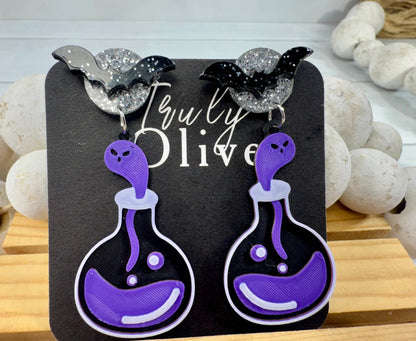Truly Olive Poison Potion Bottle Halloween Earrings – Spooky Acrylic Dangle Earrings for Women - Earrings Stud/Post Earrings