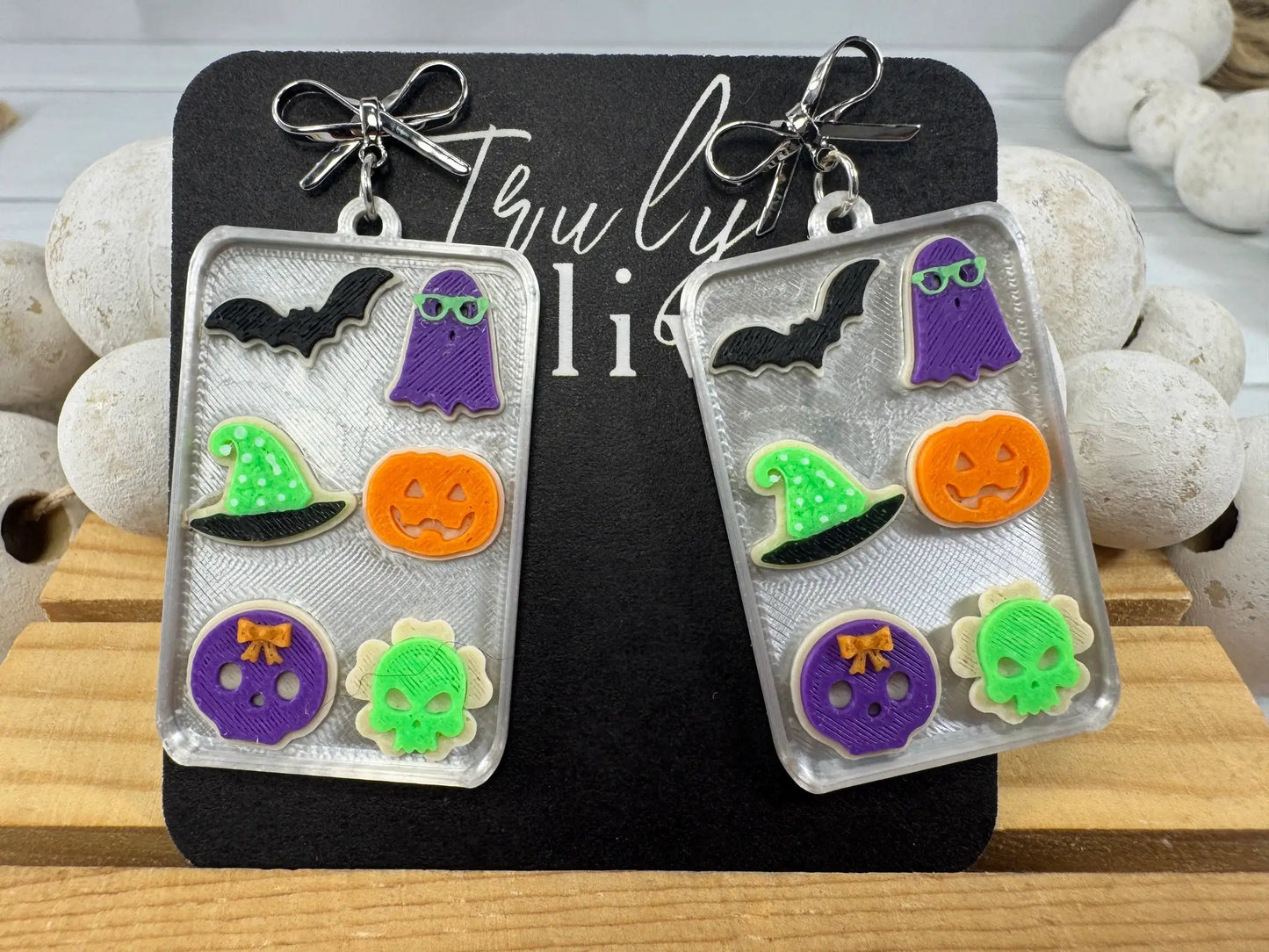 Truly Olive Spooky Halloween Charm Earrings – Handmade Acrylic Statement Earrings 🎃👻🦇 - Earrings Stud/Post Earrings