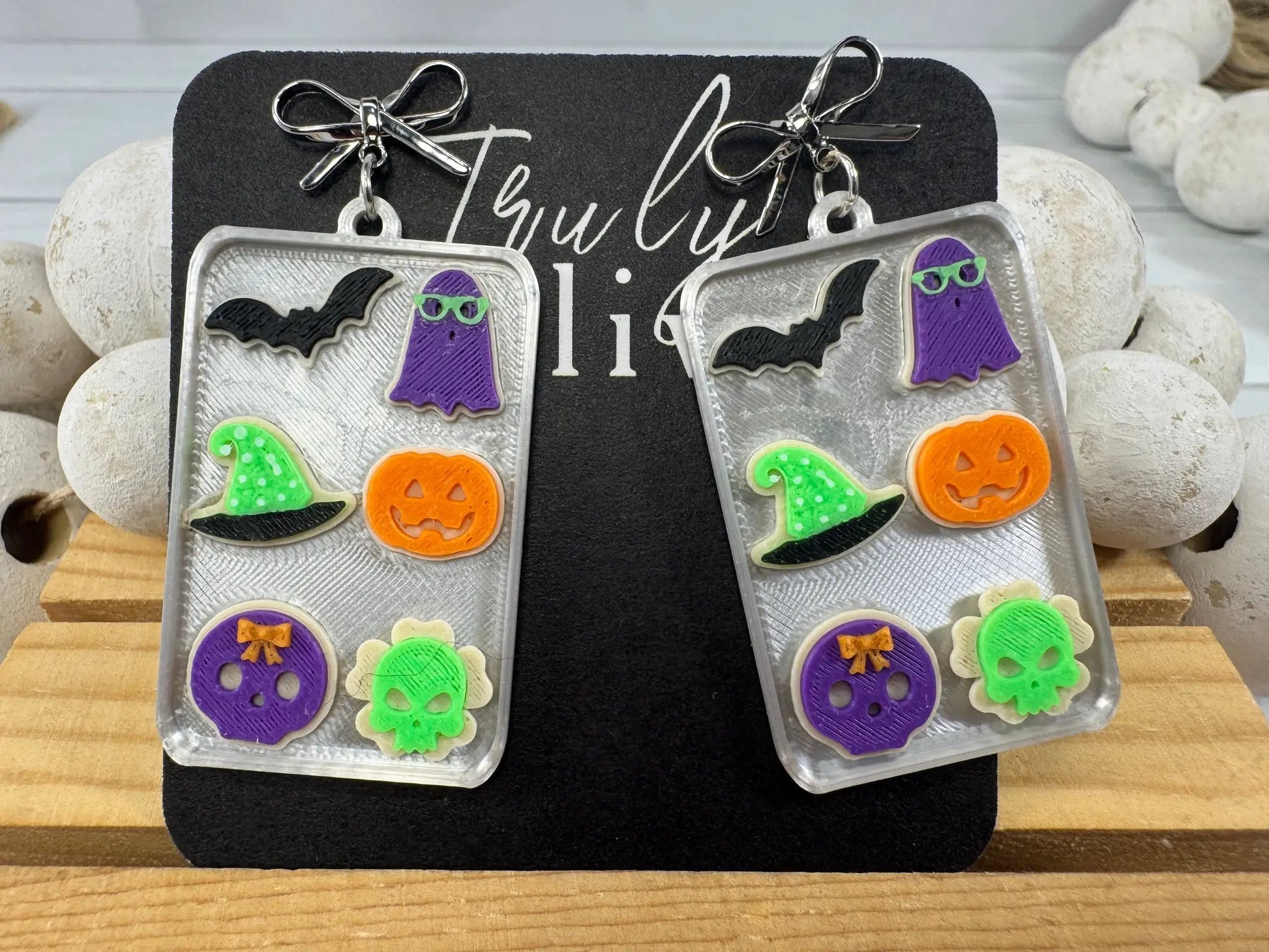 Truly Olive Spooky Halloween Charm Earrings – Handmade Acrylic Statement Earrings 🎃👻🦇 - Earrings Stud/Post Earrings
