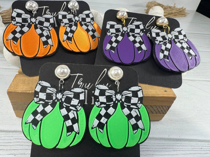 Truly Olive Checkered Bow Pumpkin Earrings – Fall & Halloween Statement Earrings - Earrings Stud/Post Earrings