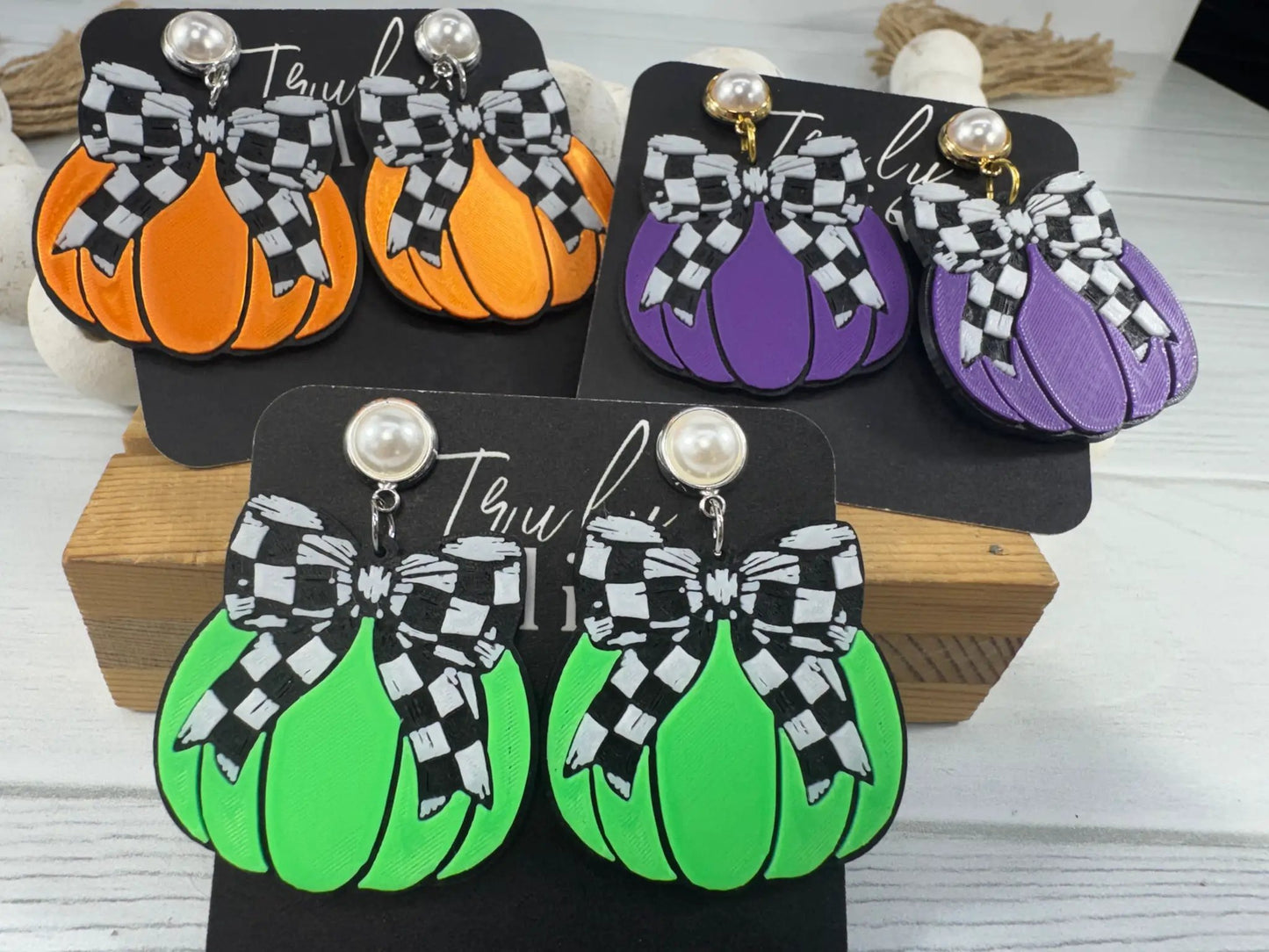 Truly Olive Checkered Bow Pumpkin Earrings – Fall & Halloween Statement Earrings - Earrings Stud/Post Earrings