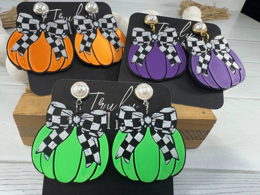 Truly Olive Checkered Bow Pumpkin Earrings – Fall & Halloween Statement Earrings - Earrings Stud/Post Earrings