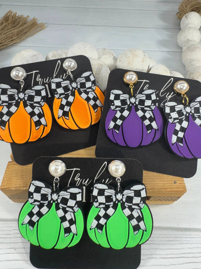 Truly Olive Checkered Bow Pumpkin Earrings – Fall & Halloween Statement Earrings - Earrings Stud/Post Earrings