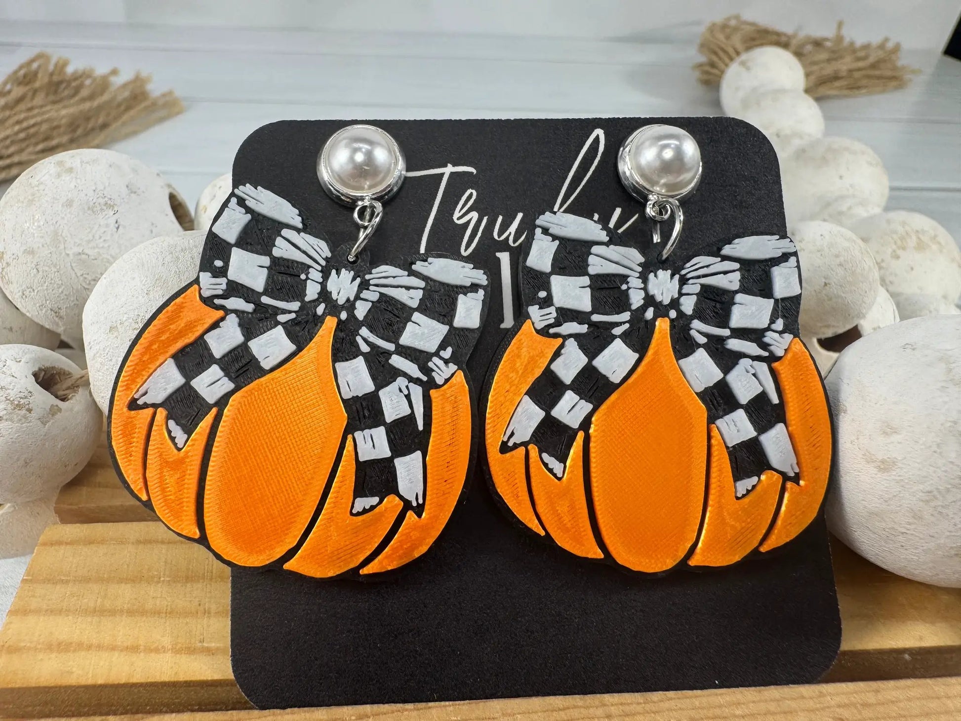 Truly Olive Checkered Bow Pumpkin Earrings – Fall & Halloween Statement Earrings - Earrings Stud/Post Earrings