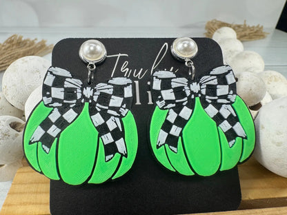 Truly Olive Checkered Bow Pumpkin Earrings For Halloween Style - Earrings Stud/Post Earrings