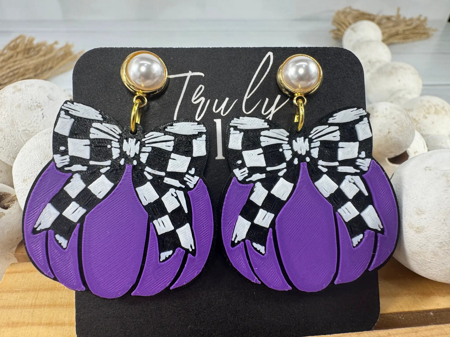 Truly Olive Checkered Bow Pumpkin Earrings – Fall & Halloween Statement Earrings - Earrings Stud/Post Earrings
