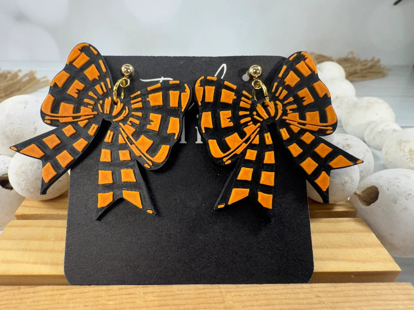 Truly Olive Orange & Black Coquette Bow Earrings – Handmade Halloween Statement Earrings - Earrings Stud/Post Earrings
