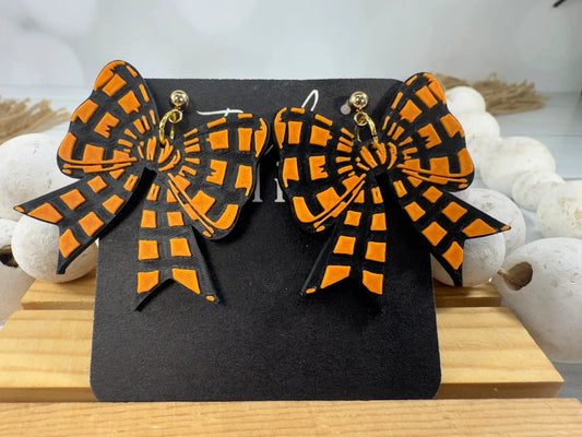 Truly Olive Orange & Black Coquette Bow Earrings – Handmade Halloween Statement Earrings - Earrings Stud/Post Earrings