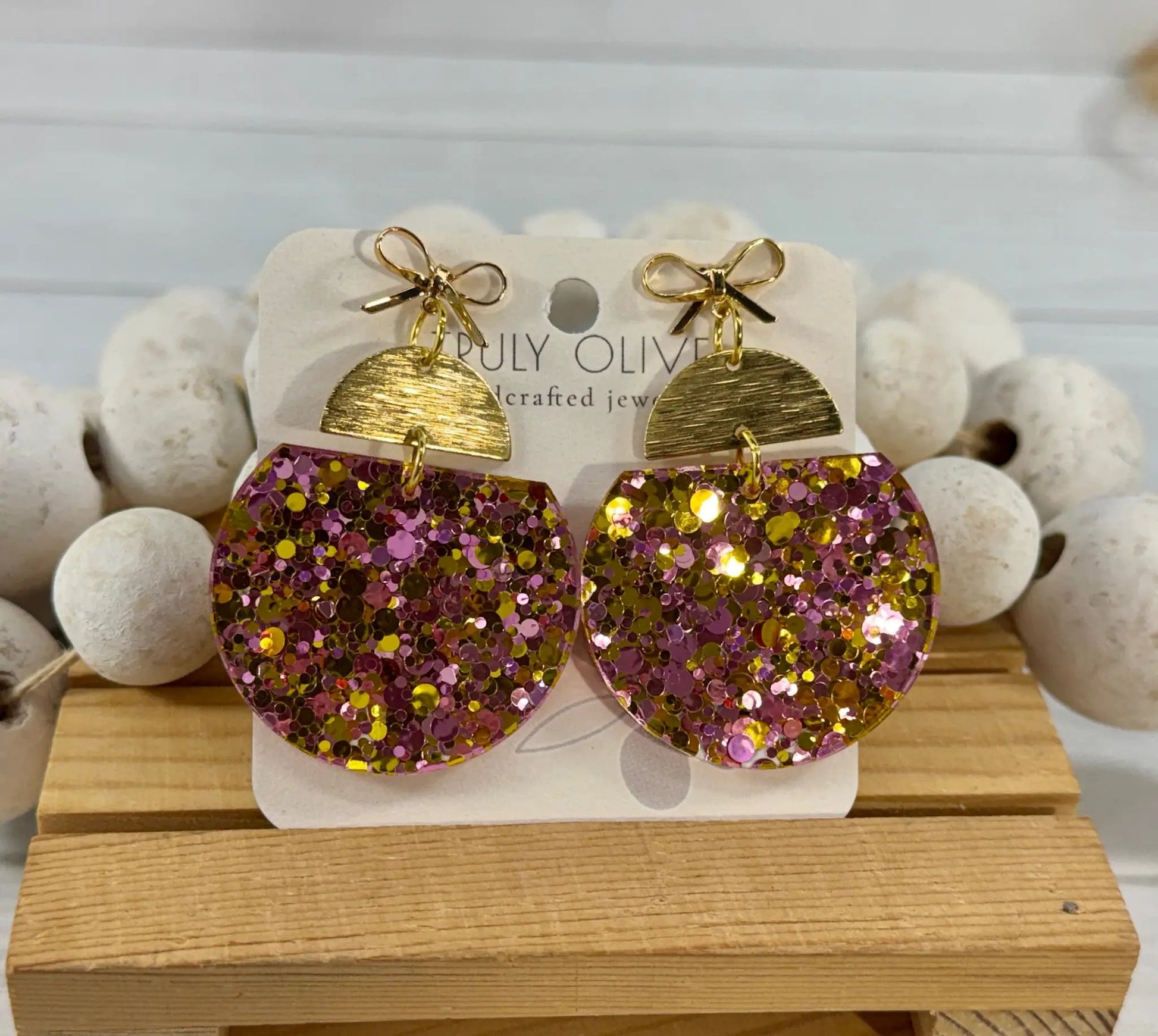 Truly Olive Pink & Gold Glitter Statement Earrings with Gold Bow Handmade Acrylic Earrings - Earrings Stud/Post Earrings