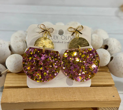 Truly Olive Pink & Gold Glitter Statement Earrings with Gold Bow Handmade Acrylic Earrings - Earrings Stud/Post Earrings