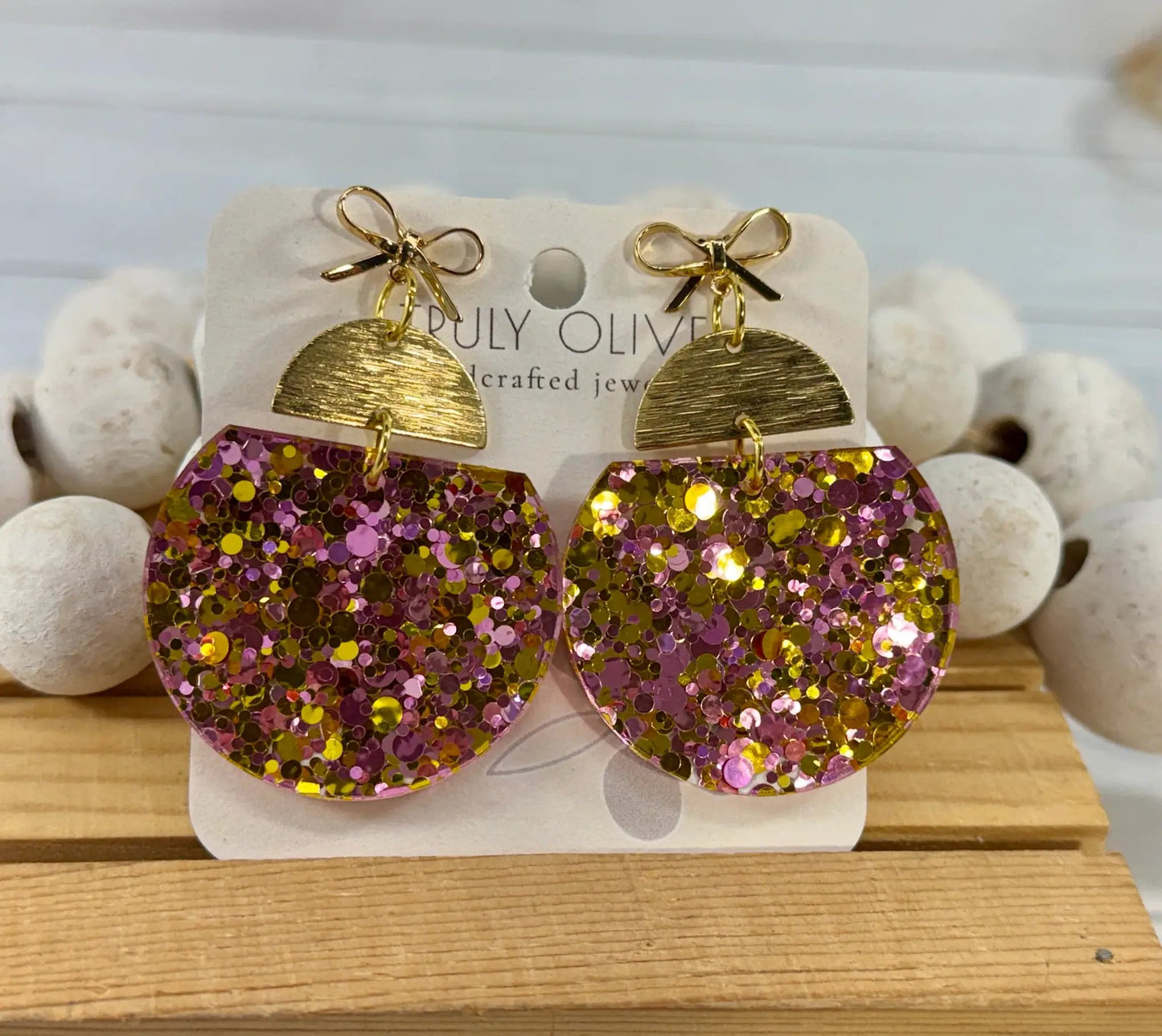 Truly Olive Pink & Gold Glitter Statement Earrings with Gold Bow Handmade Acrylic Earrings - Earrings Stud/Post Earrings